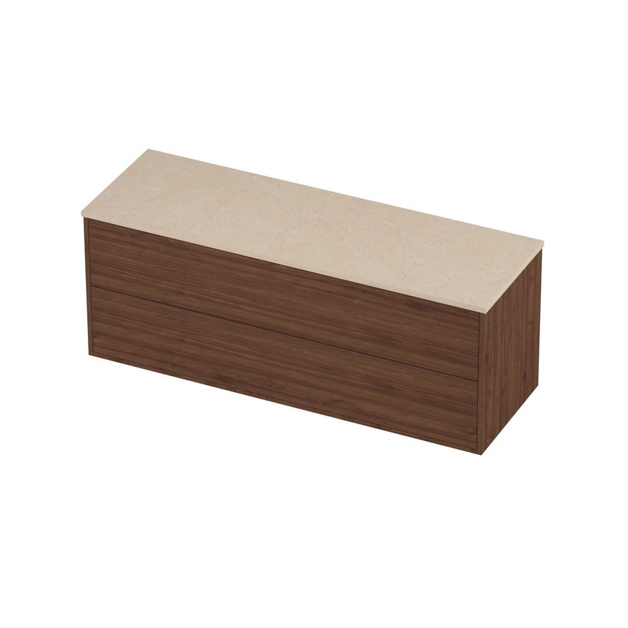 Deck Set Top afdekplaat hardsteen en onderkast tbv grepen 2 laden symmetrisch in kader 1400x460x540mm Sand stone/Indian walnut