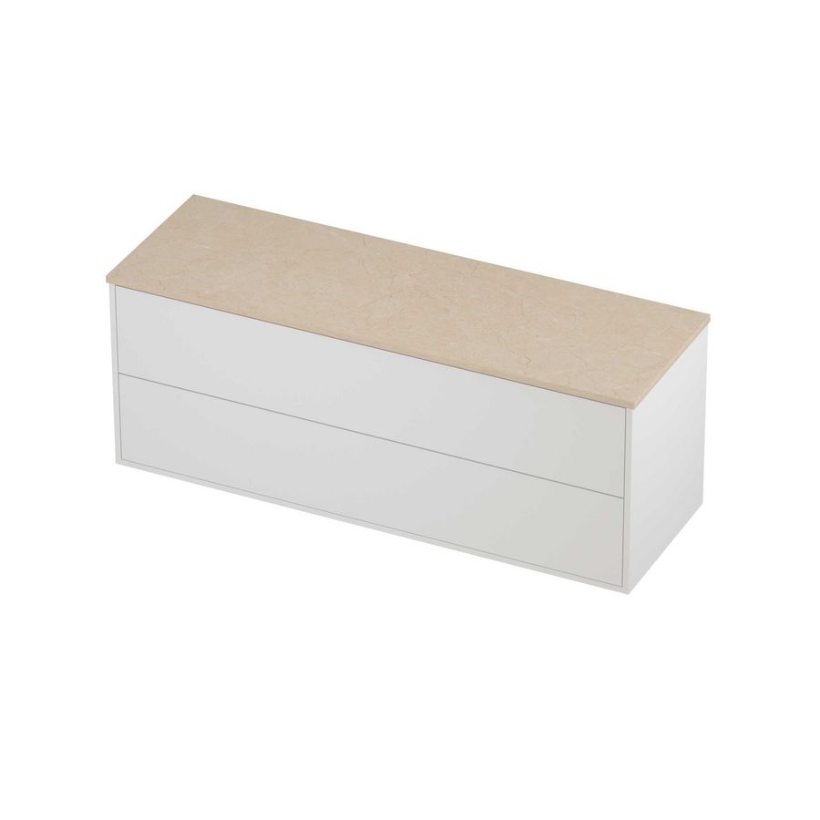 Deck Set Top afdekplaat hardsteen en onderkast tbv grepen 2 laden symmetrisch in kader 1400x460x540mm Sand stone/matt white