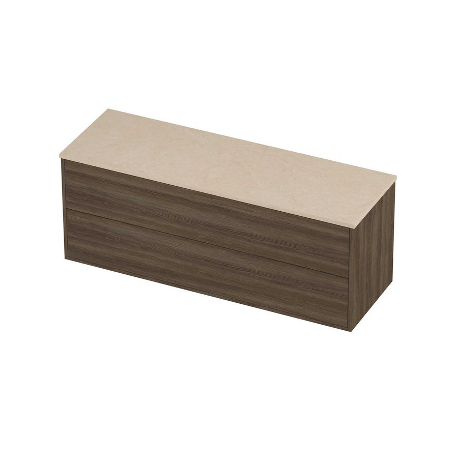 Deck Set Top afdekplaat hardsteen en onderkast tbv grepen 2 laden symmetrisch in kader 1400x460x540mm Sand stone/Vital oak