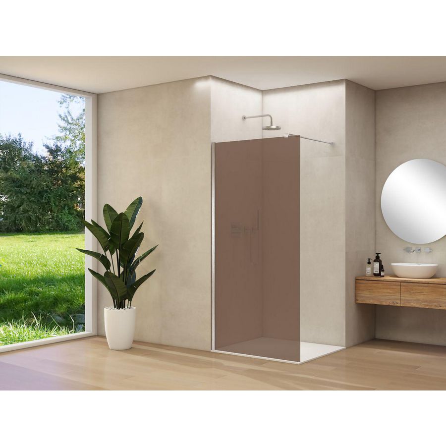 Inloopdouche vaste wand 1170-1190x2000mm 8mm brons rookglas geborsteld rvs muurprofiel stabilisatiestang