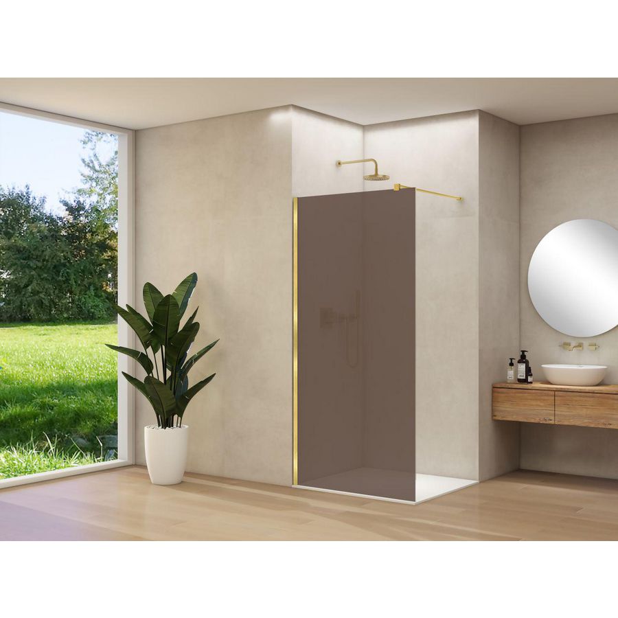Inloopdouche vaste wand 1170-1190x2000mm 8mm brons rookglas geborsteld messing muurprofiel stabilisatiestang