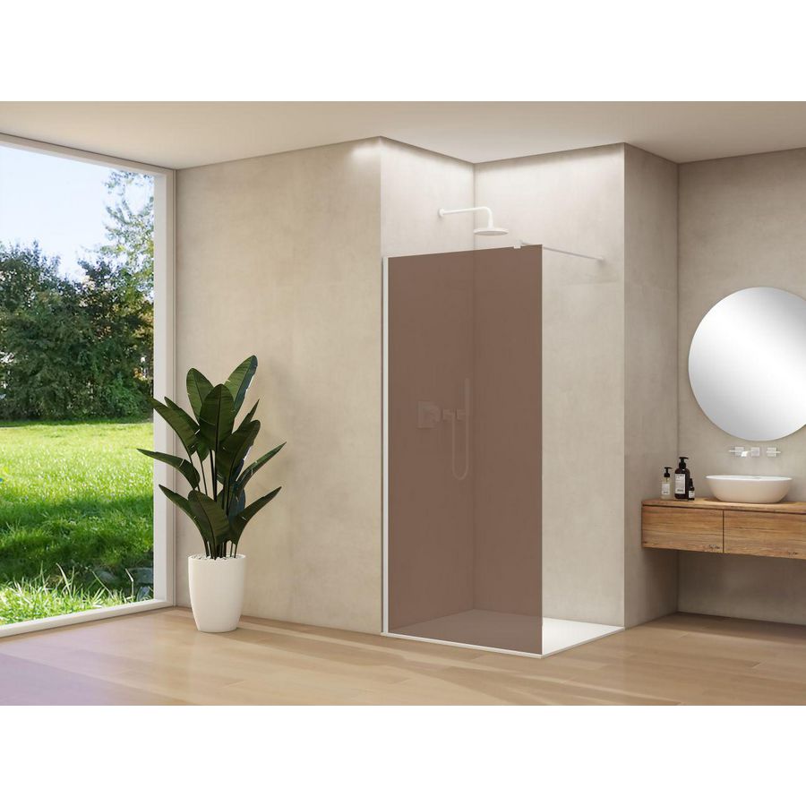 Inloopdouche vaste wand 1170-1190x2000mm 8mm brons rookglas wit muurprofiel stabilisatiestang