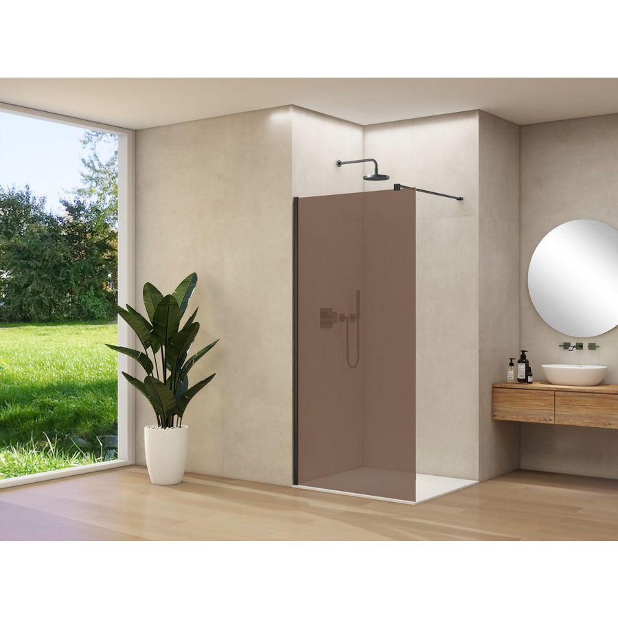 Inloopdouche vaste wand 1170-1190x2000mm 8mm brons rookglas zwart muurprofiel stabilisatiestang