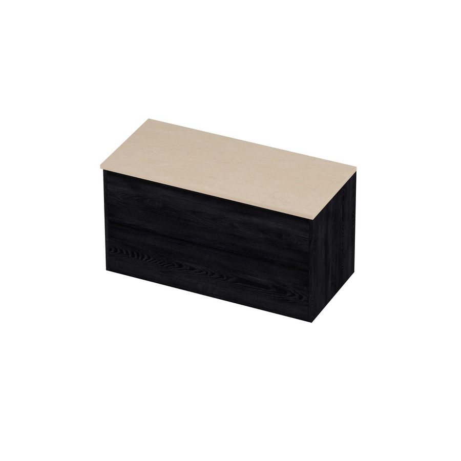 Deck Set Top afdekplaat hardsteen en onderkast greeploos 2 laden symmetrisch in kader 1000x460x540mm Sand stone/Black oak