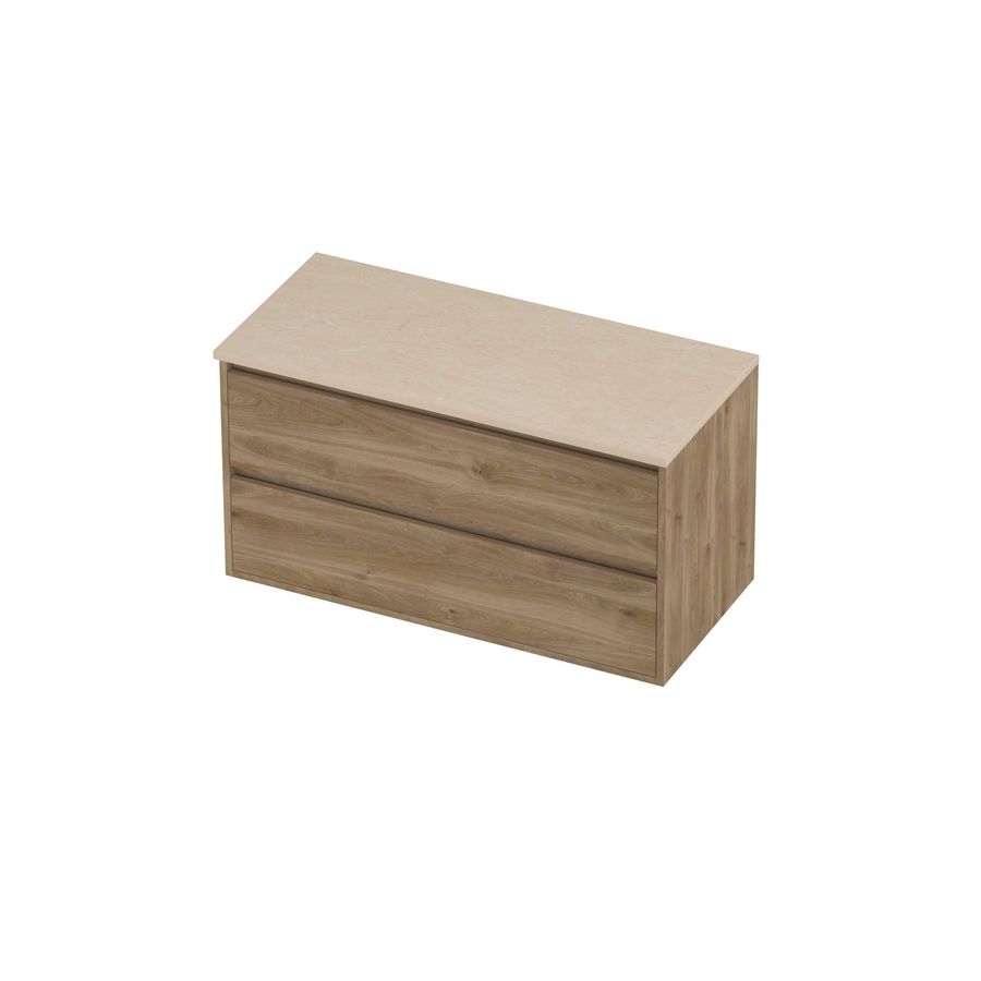 Deck Set Top afdekplaat hardsteen en onderkast greeploos 2 laden symmetrisch in kader 1000x460x540mm Sand stone/Cider oak