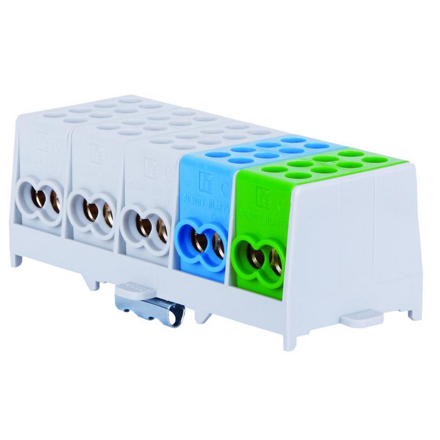 Verbindingsklem 25mm 5-polig 5x2 in-5x2 uit 3xgrijs 1xbl 1xgroen