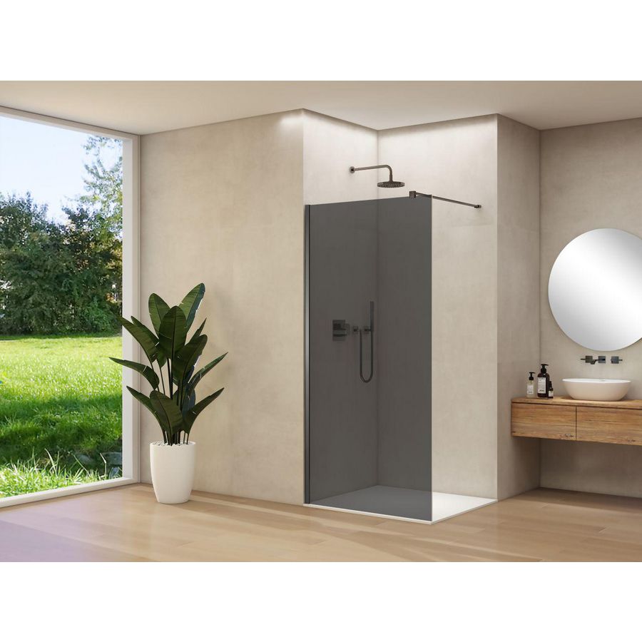 Inloopdouche vaste wand 1170-1190x2000mm 8mm grijs rookglas geborsteld gunmetal muurprofiel stabilisatiestang