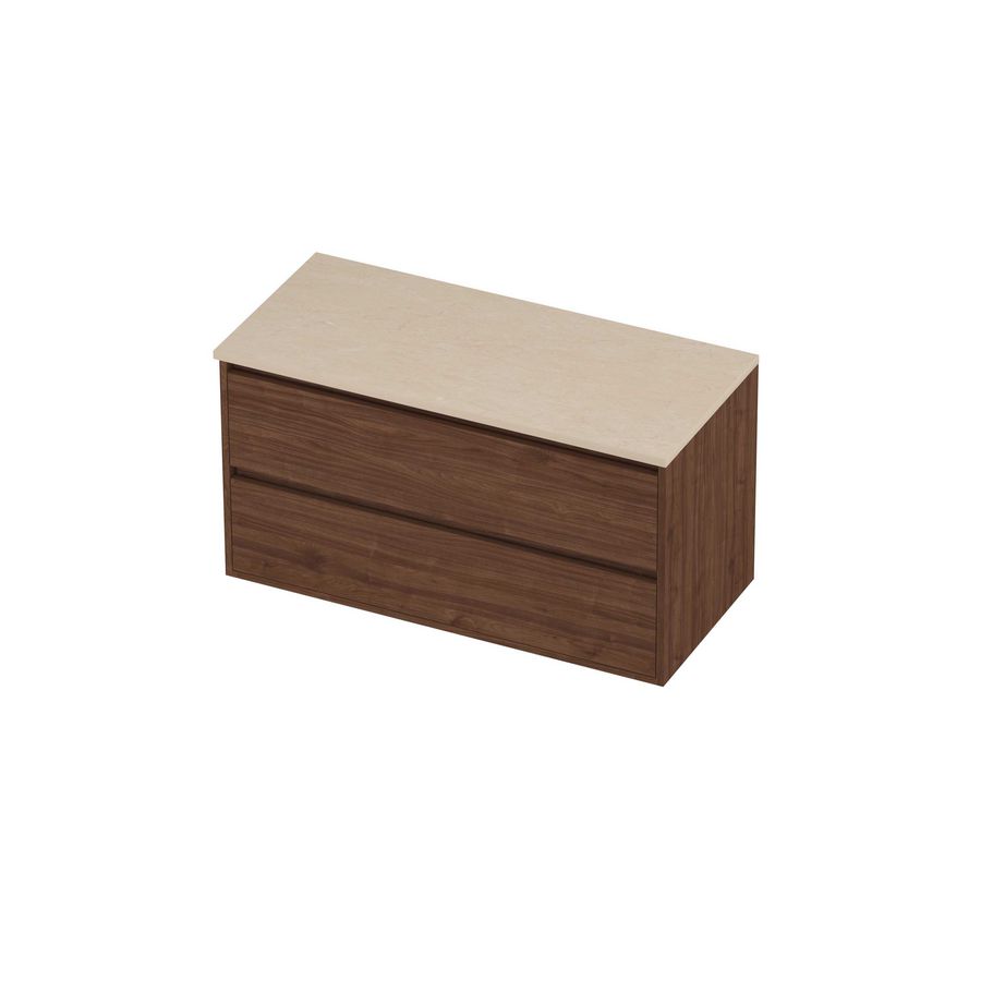 Deck Set Top afdekplaat hardsteen en onderkast greeploos 2 laden symmetrisch in kader 1000x460x540mm Sand stone/Indian walnut