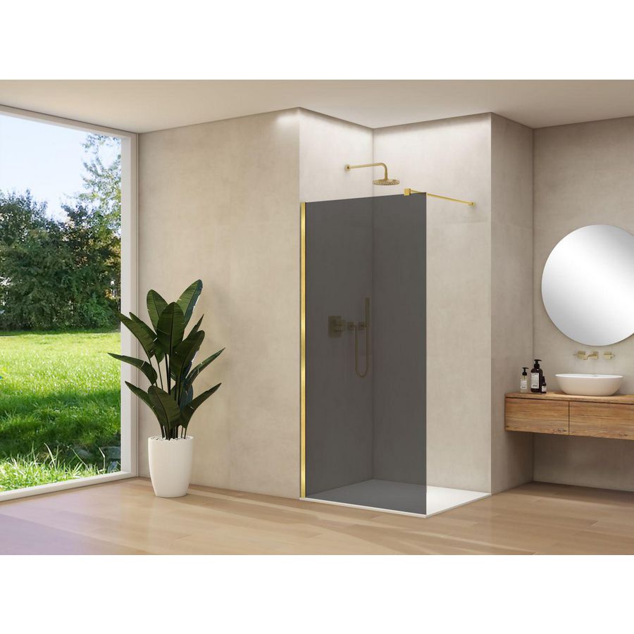 Inloopdouche vaste wand 1170-1190x2000mm 8mm grijs rookglas geborsteld messing muurprofiel stabilisatiestang