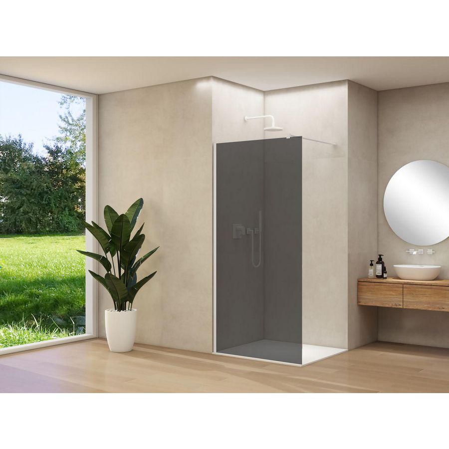 Inloopdouche vaste wand 1170-1190x2000mm 8mm grijs rookglas wit muurprofiel stabilisatiestang