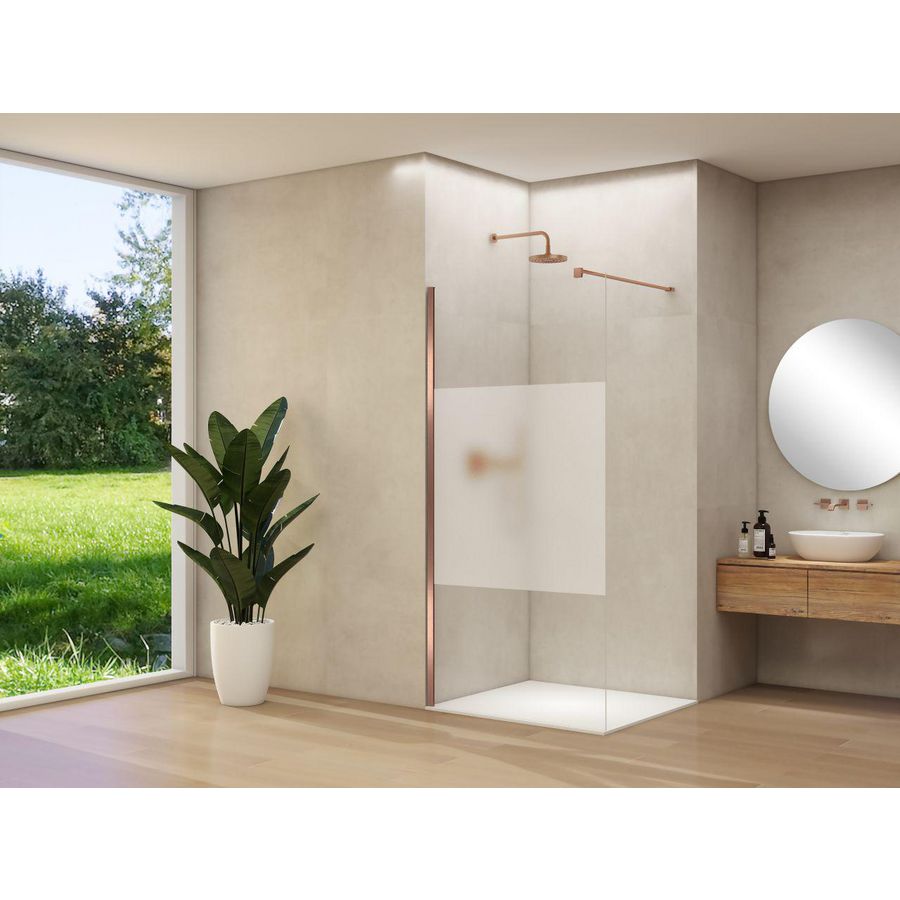 Inloopdouche vaste wand 1070-1090x2000mm 8mm helder glas met gesatineerde baan wit muurprofiel stabilisatiestang