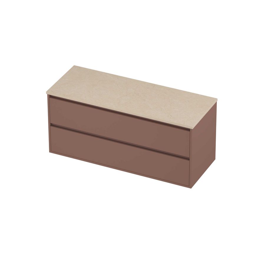 Deck Set Top afdekplaat hardsteen en onderkast greeploos 2 laden symmetrisch in kader 1200x460x540mm Sand stone/Beauty blush
