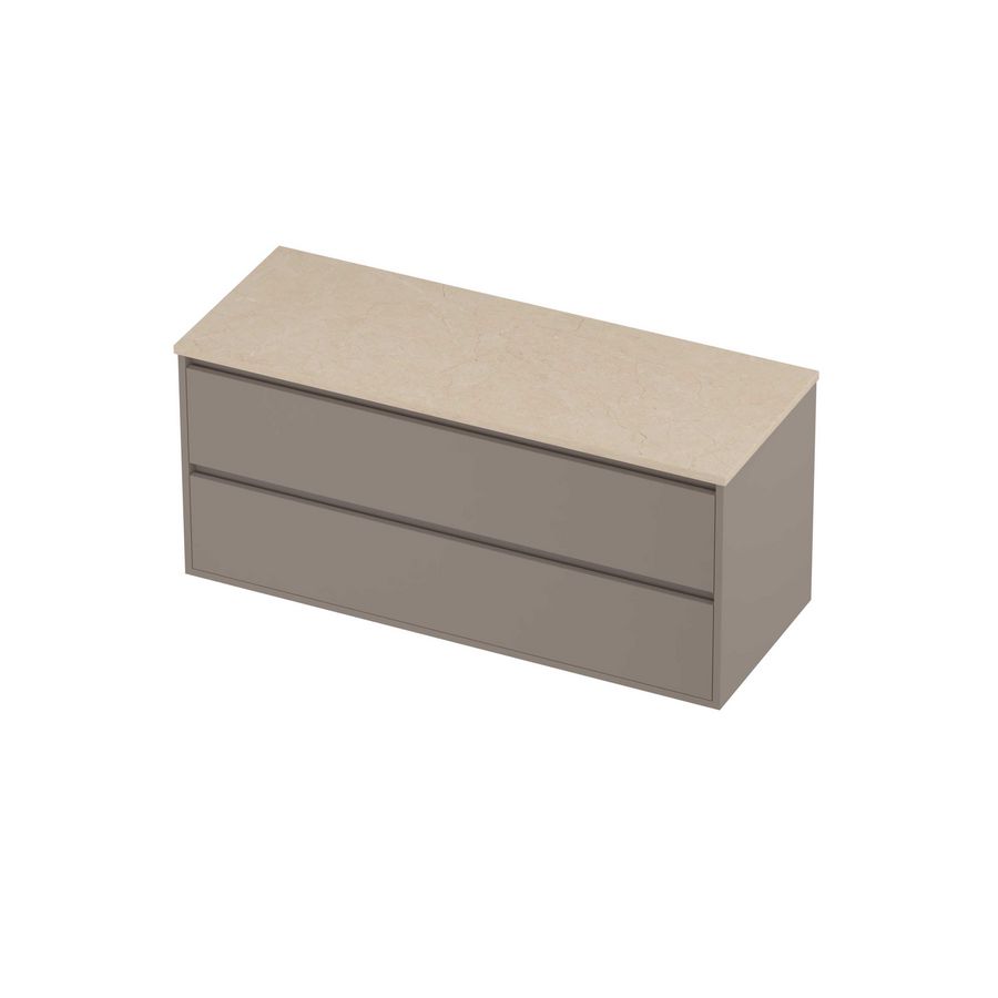 Deck Set Top afdekplaat hardsteen en onderkast greeploos 2 laden symmetrisch in kader 1200x460x540mm Sand stone/Clay beige
