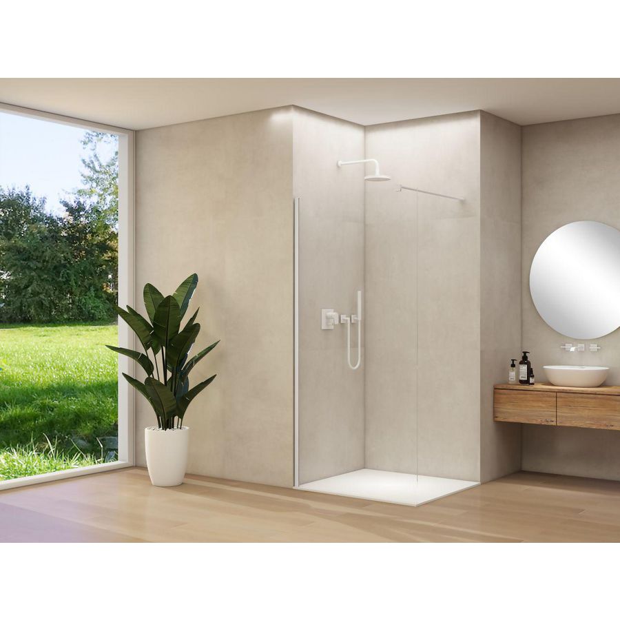 Inloopdouche vaste wand 1070-1090x2000mm 8mm helder glas wit muurprofiel stabilisatiestang