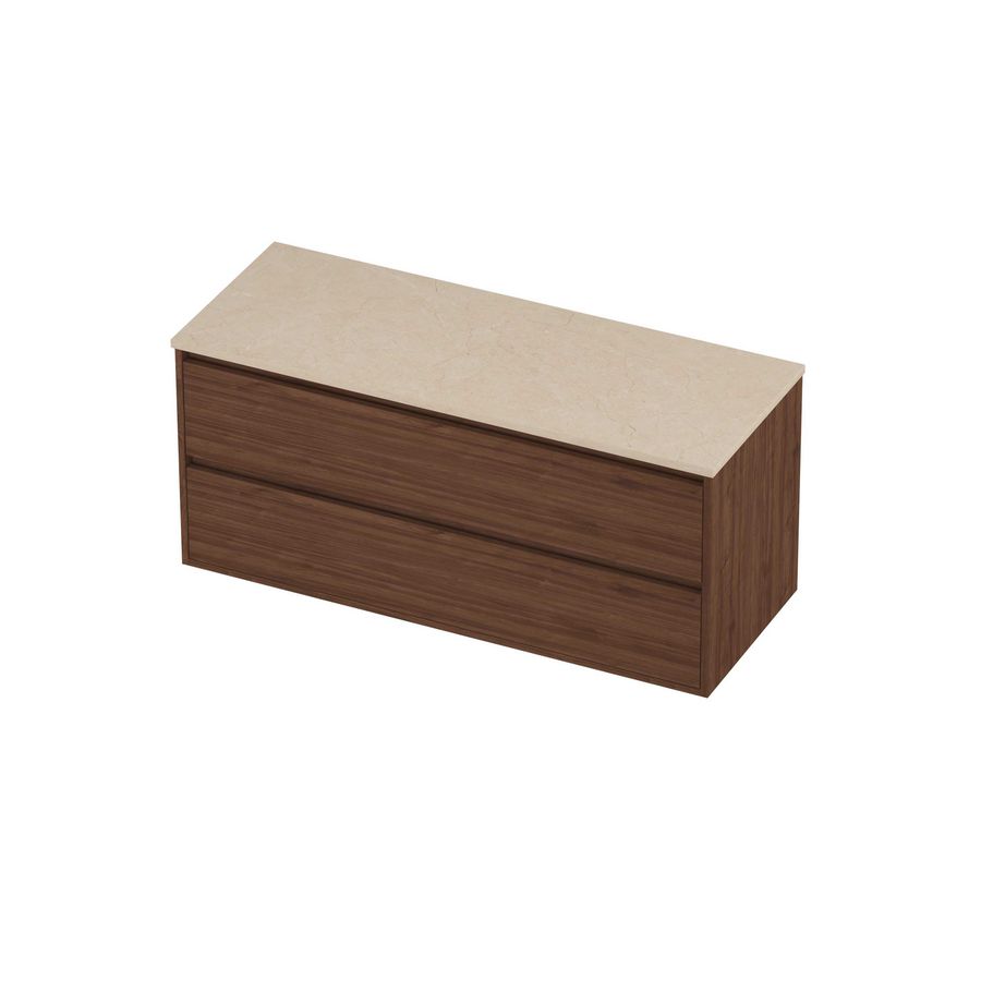 Deck Set Top afdekplaat hardsteen en onderkast greeploos 2 laden symmetrisch in kader 1200x460x540mm Sand stone/Indian walnut