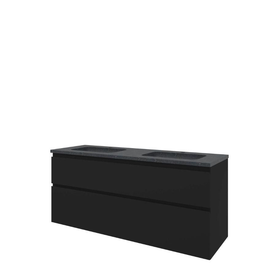 Set Proline hardsteen Elegant dubb. wastafel met 2 kraangaten onderkast asymmetrisch mat zwart 140x46cm