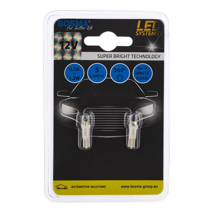 Blister a 2st. T5 Wedge Base LED wit 12V DC W2X4.6D 6000K