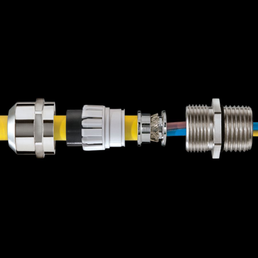 EMC-wartel messing vernikkeld met lange tap, met aardconus M12 (EMSKV-L12EMV-Z) VVE=50