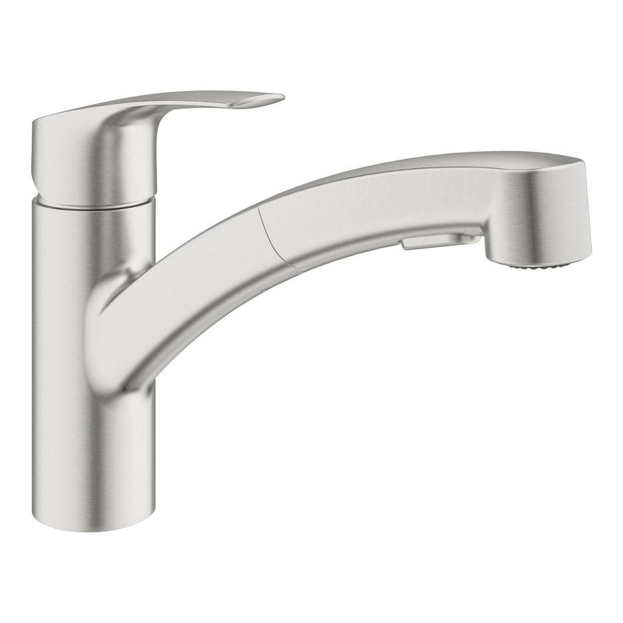 Eurosmart keukenmengkraan lage uitloop sprong 227mm 1-hendel supersteel (rvs look) met uittrekbare handdouche (prof)