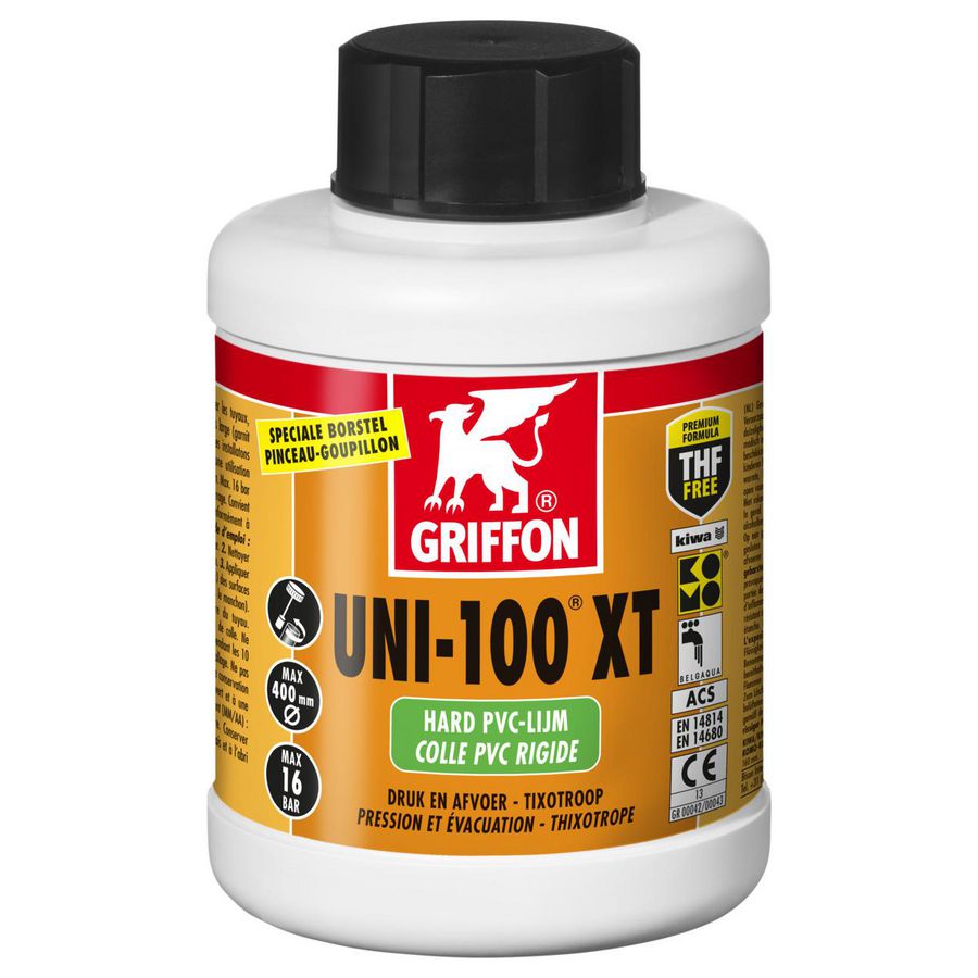 Hard PVC-lijm UNI-100XT (druk/afvoer) KOMO/KIWA pot Flacon 250ml VVE=24