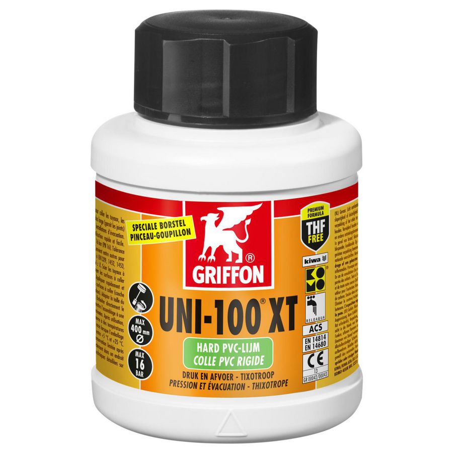Hard PVC-lijm UNI-100XT (druk/afvoer) KOMO/KIWA pot Flacon 500ml VVE=12