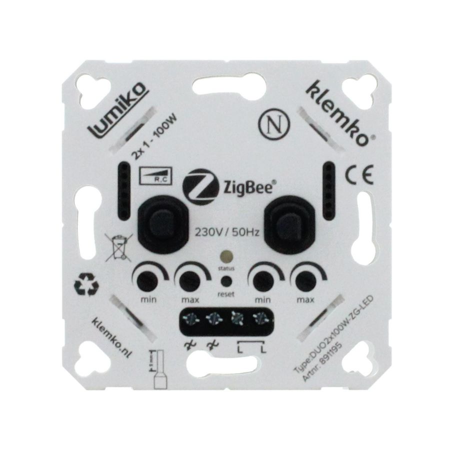 Universele duo leddimmer faseafsnijding 2x 100W Zigbee Klemko