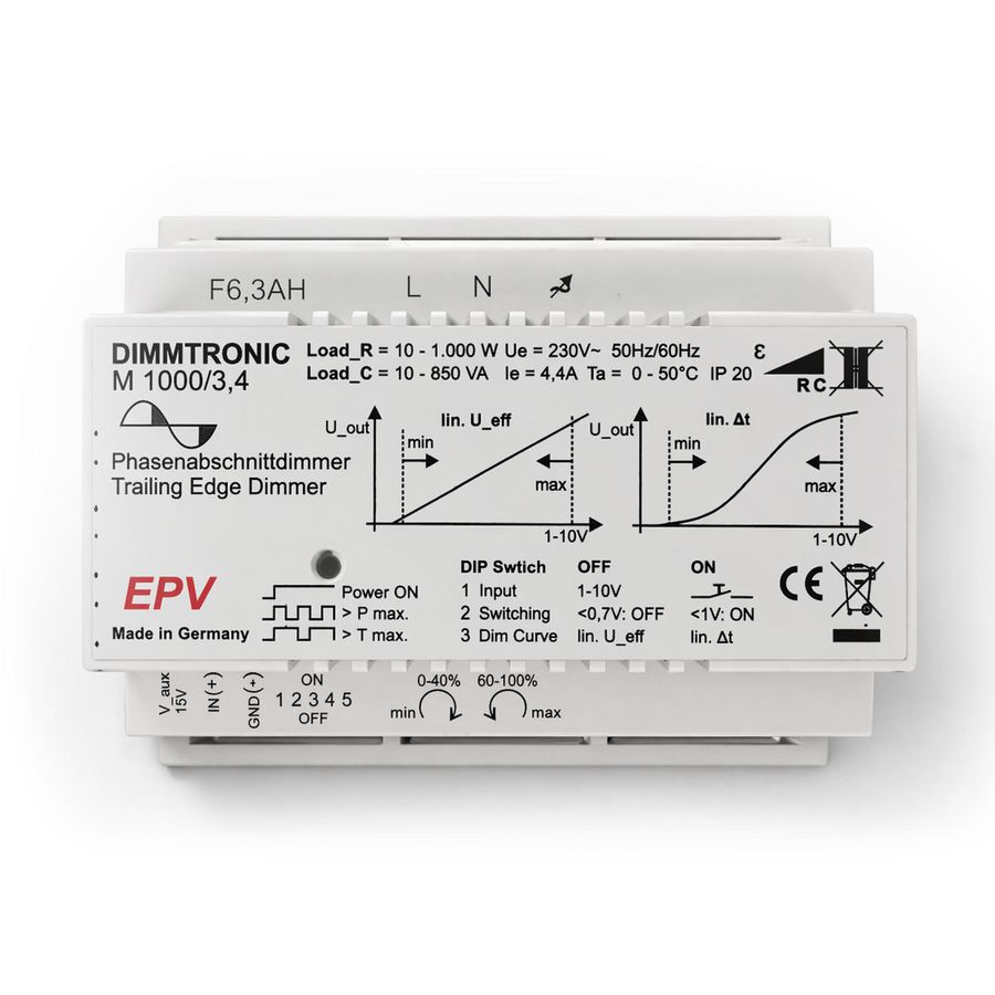 Dinraildimmer fase afsnijding 1000W dimbaar via 1-10V Klemko