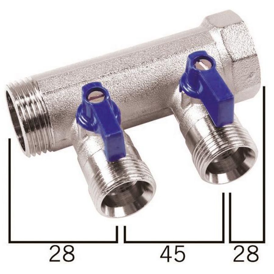 Verdeler 1" met 2 uitgangen euroconus incl. kogelkranen blauw