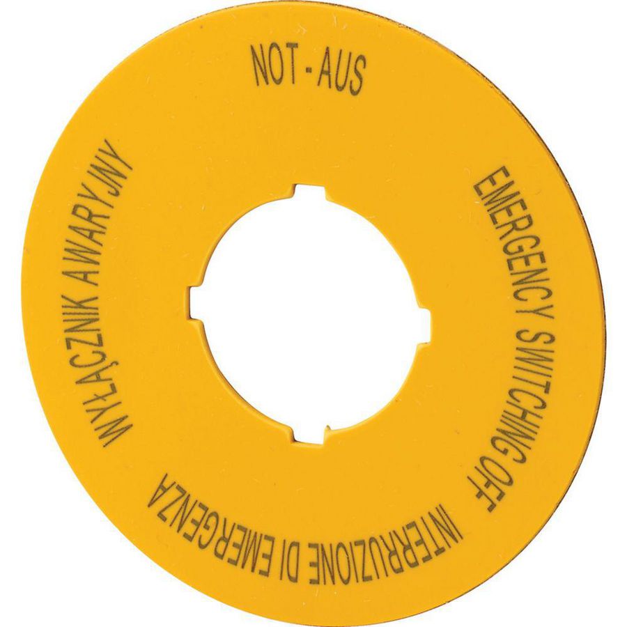 Schild Nood-Uit geel D=60mm 4-talig (pools, engels,duits, italiaans PL, EN,DE, IT) VVE=10