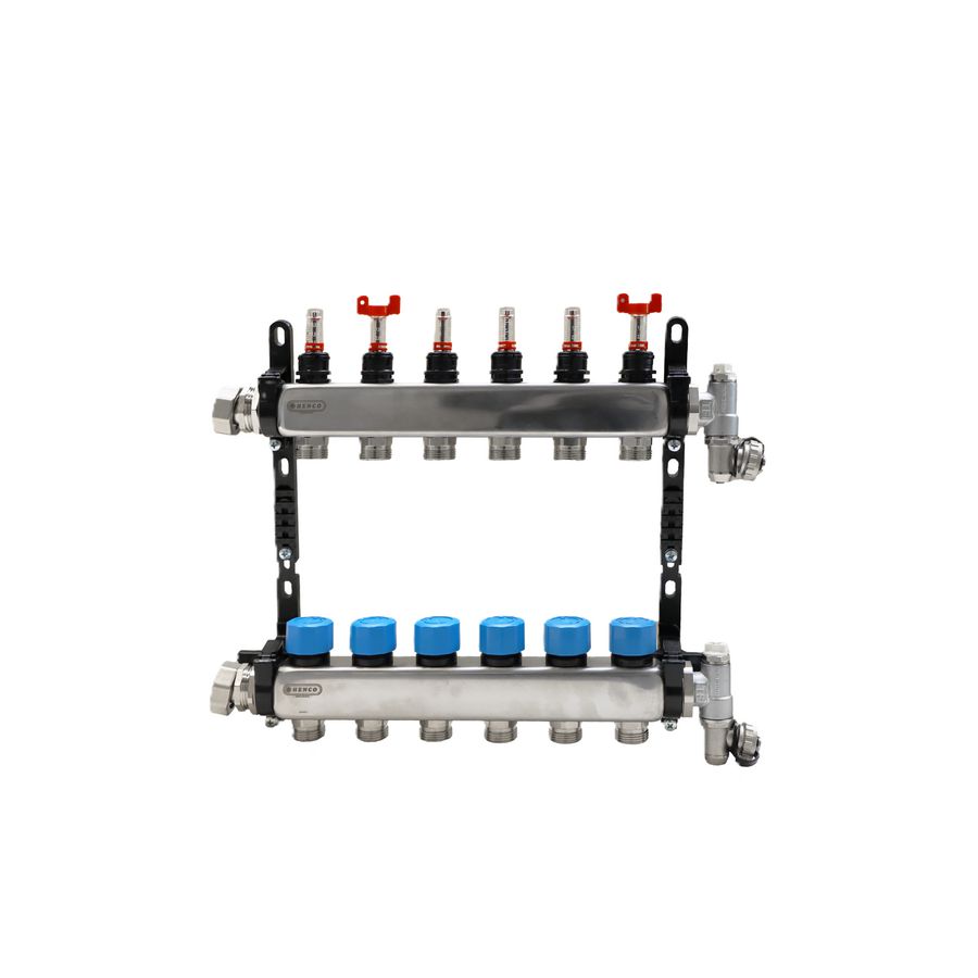 9-groeps verdeler UFH-MDSS RVS incl. debietmeters + vul-aftapkraan +ontluchter