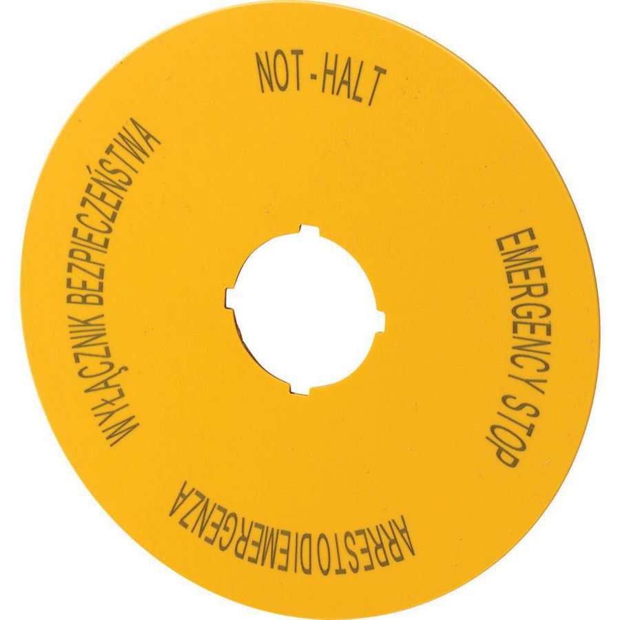 Schild NOOD-HOLD D=90mm geel 4-talig (pools, engels, duits, italiaans PL EN DE IT)