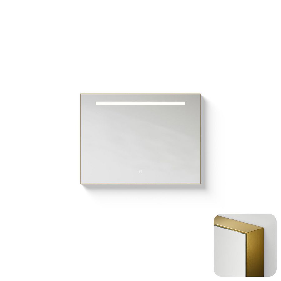 Spiegel Metallic Line Rectangle brushed Brass 80x60cm met ledverlichting + verwarming