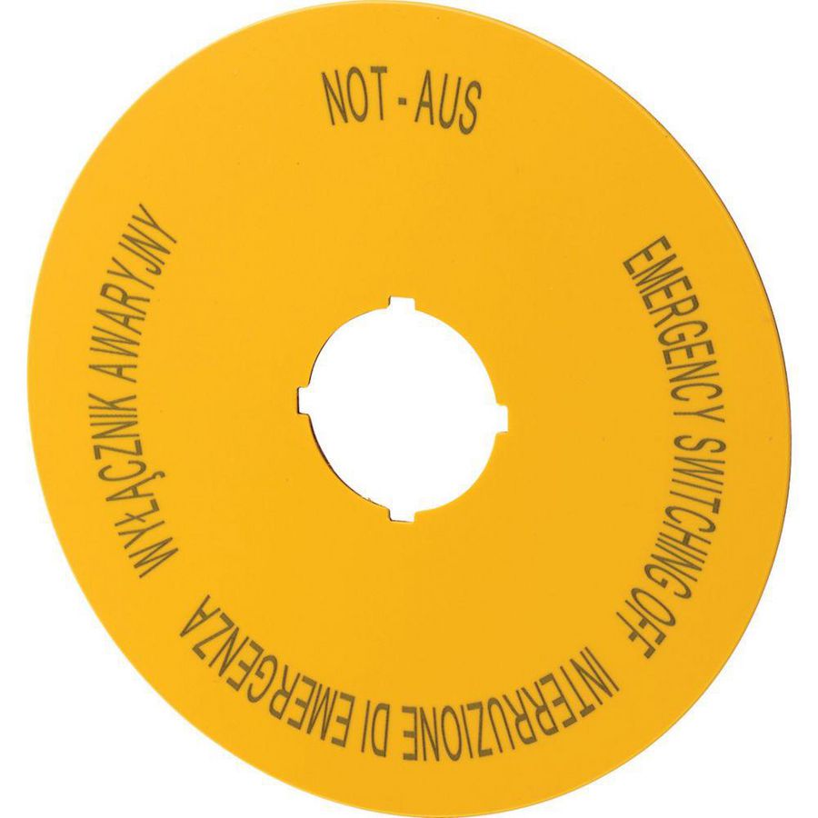 Schild NOOD-STOP D=90mm geel 4-talig (pools, engels, duits, italiaans PL EN DE IT)