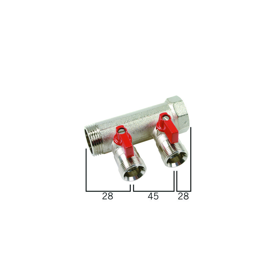 Verdeler 1" met 2 uitgangen euroconus incl. kogelkranen rood VVE=5