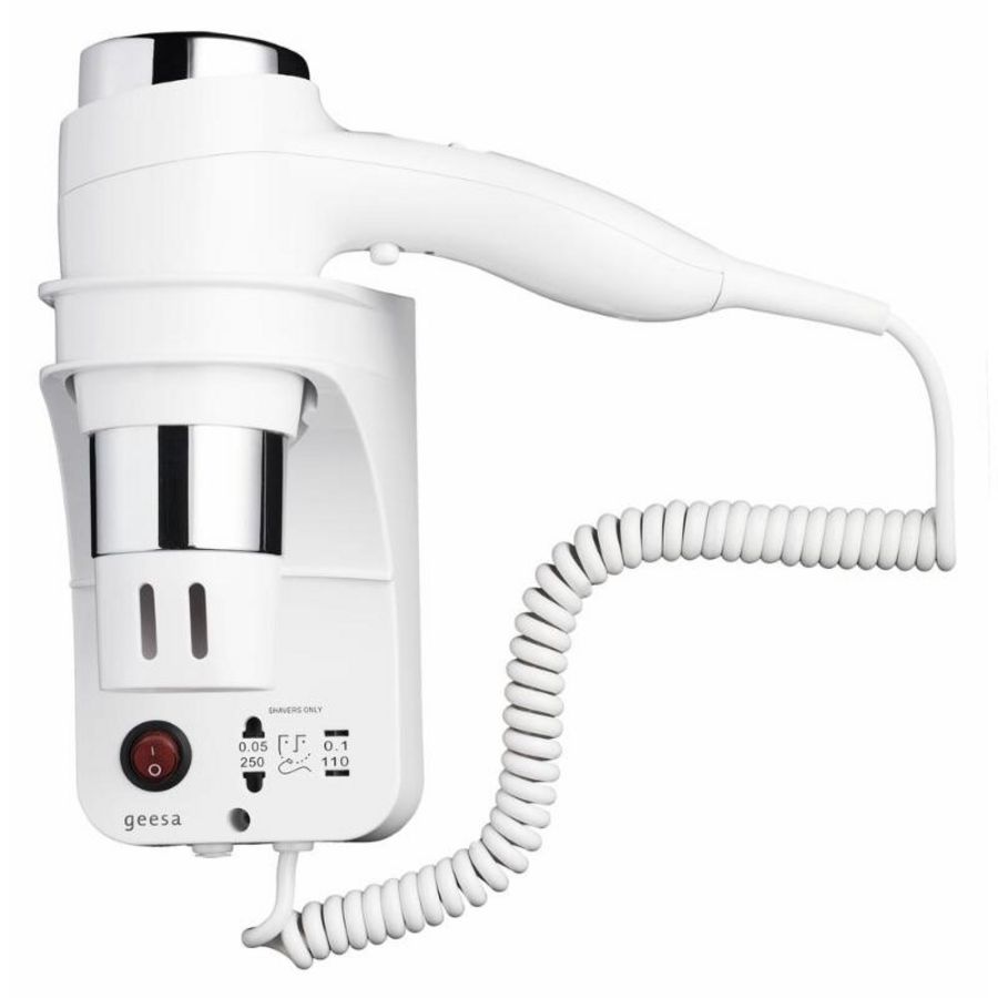 Wandhaardroger 1400W met stopcontact wit/chroom HAIRDRYER