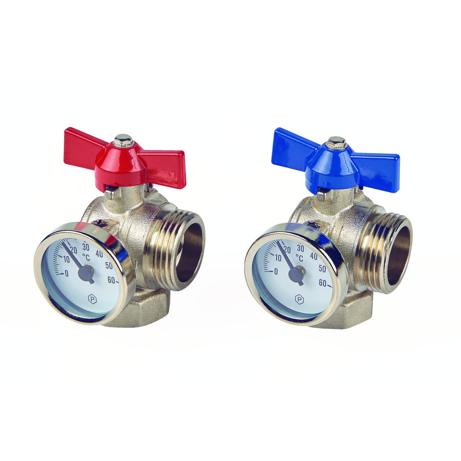 Kogelkraan 90° + therm. 1x1 met dichting vernikkeld B+R