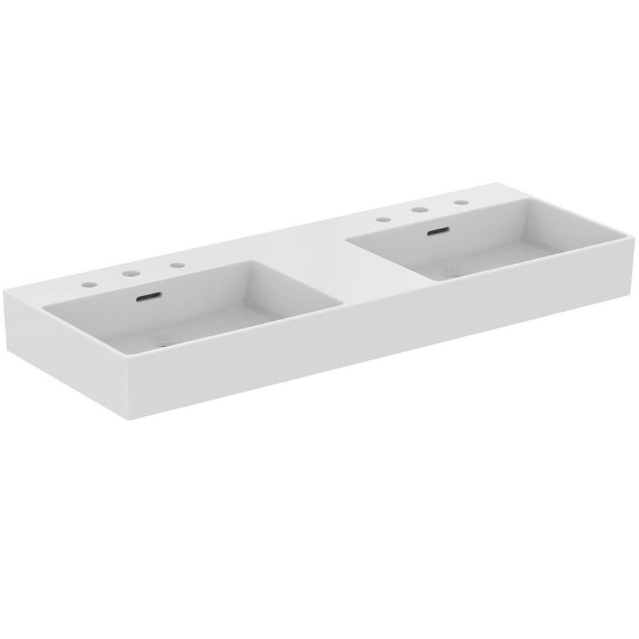 Dubbel Wastafel 1215x450x150mm wit 2 kraangaten overloop Extr R055701