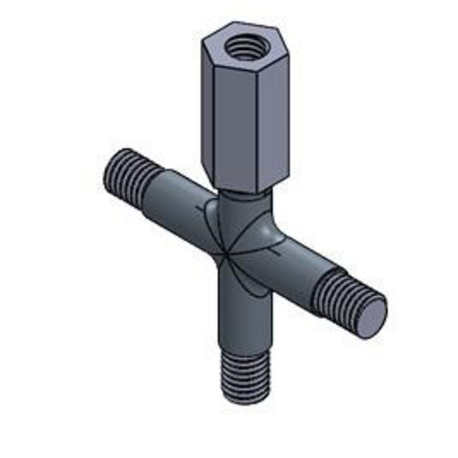 4-weg connector / kruisstuk staal verzinkt M8 (1xbi.dr. + 3x bt.dr.) tbv meerdere aansl. op 1 draadeind