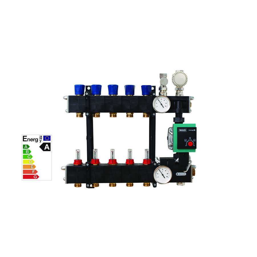 6-groeps verdeler UFH-CDP composiet dubbelwandig regelbaar + debietmeters + A-pomp incl. snoer + maximaalthermostaat