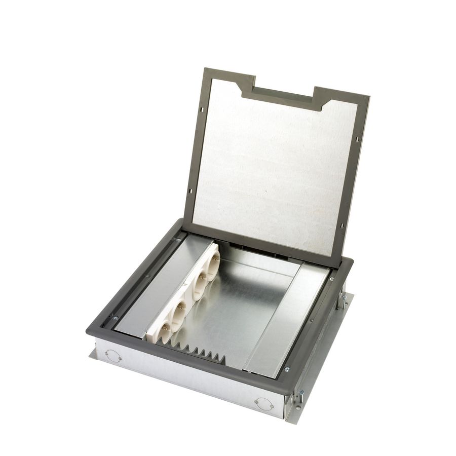 Vloerdoos VELOX 2.0 Type 50 4x 230V RA + 4x leeg deksel 4mm inlegdiepte met kunststof oplegrand