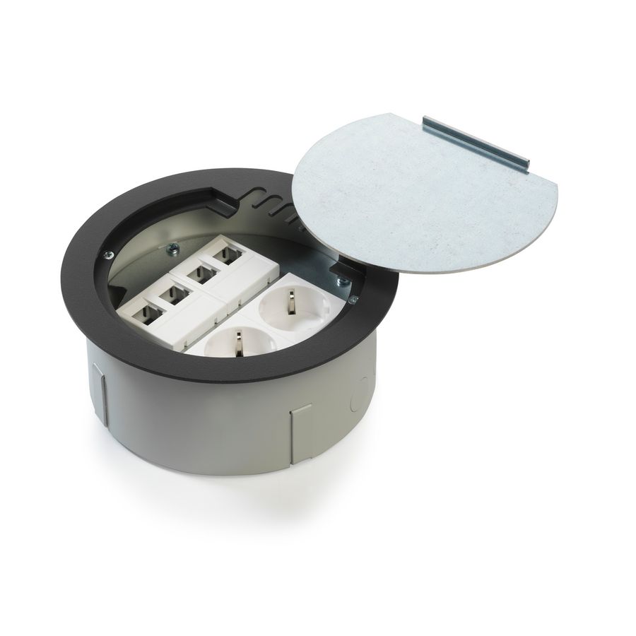 Vloerdoos RONDO 160 2x 230V RA + 4x RJ45 uitsparing stalen deksel RAL7024