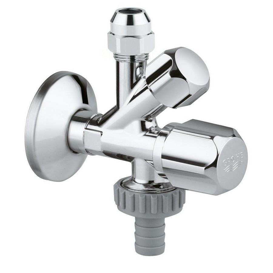 Combi.hoekstopkraan 1/2" uitgang:3/8-10 + 3/4bt. chroom