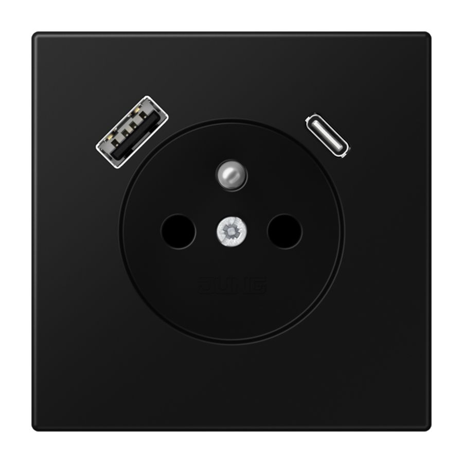 Wandcontactdoos +lader LS zwart mat penaarde+USB-A+C