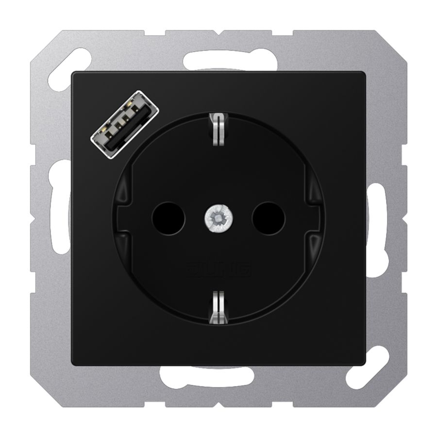 Wandcontactdoos m.laderzw.mat m.v.USB type A