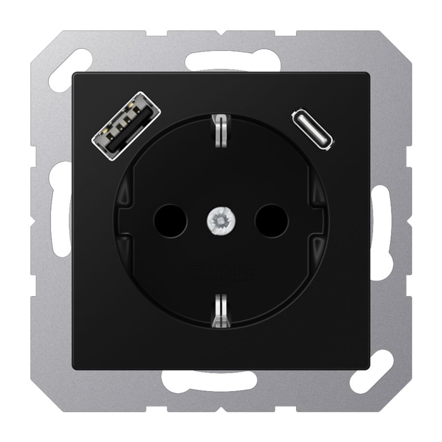 Wandcontactdoos met laderzwart mat met v. USB type A&C