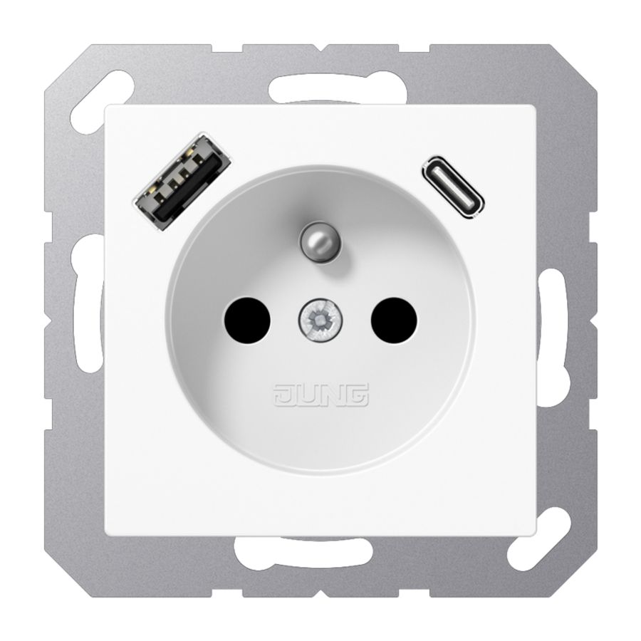 Wandcontactdoos +lader alpine wit penaarde+USB-A+C