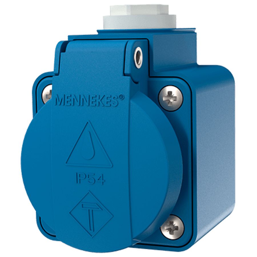 Wandcontactdoos 16A 2P+A 230V IP44 SCHUKO blauw met klapdeksel