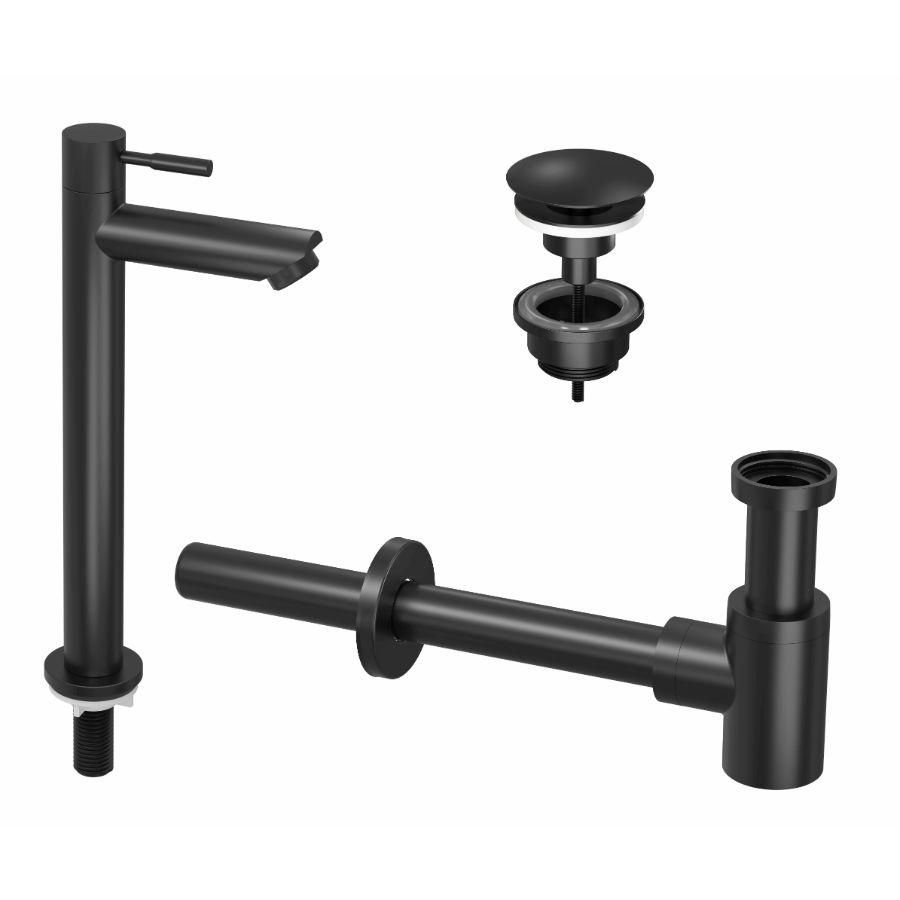 INK Combi set 2A mat zwart bestaande uit fonteinkraan staand hoog model h=277mm sprong 95mm, designsifon en always-open plug