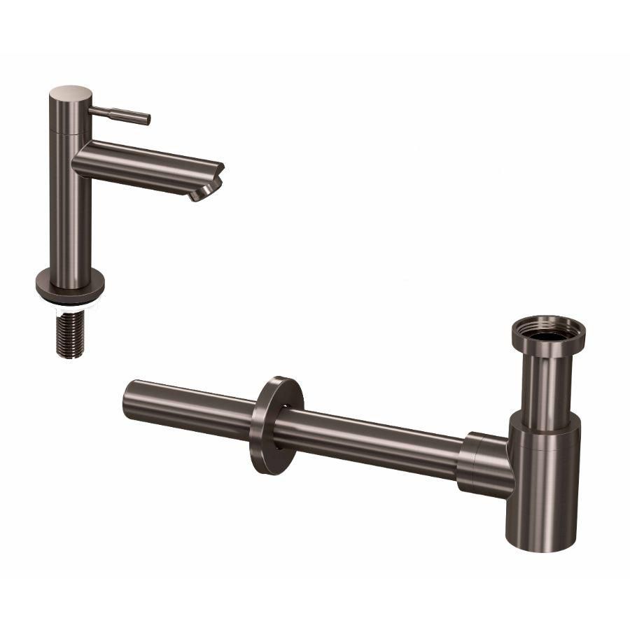 INK Combi set 1B metal black bestaande uit fonteinkraan staand laag model sprong 95mm en designsifon