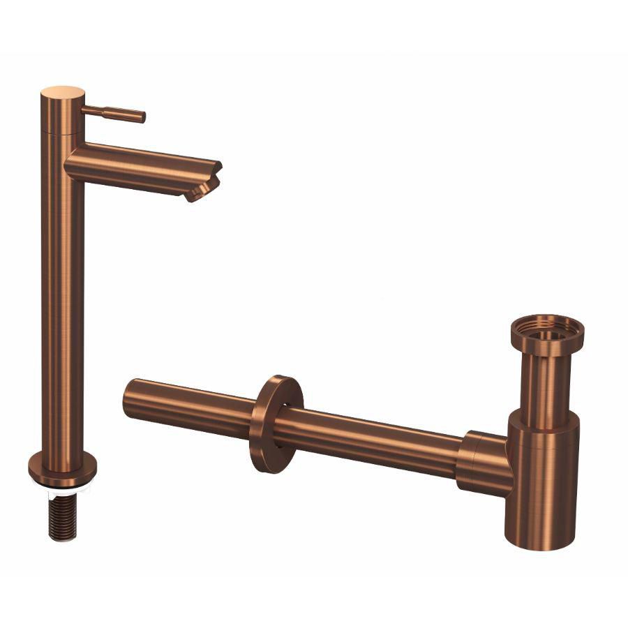 INK Combi set 2b mat rose goud bestaande uit fonteinkraan staand hoog model h=277mm sprong 95mm en designsifon